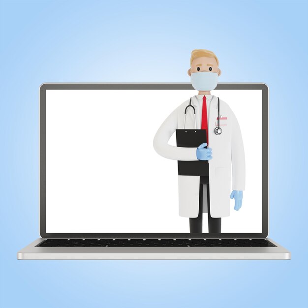 Tela do laptop com médico masculino. Conceito de seguro de saúde online. O médico detém o contrato. Ilustração 3D em estilo cartoon.