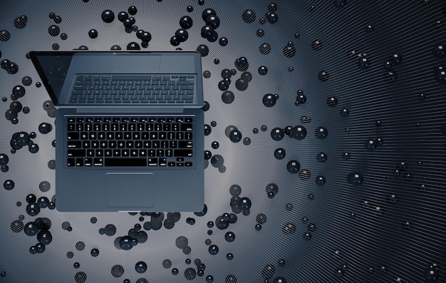 Tela do laptop em branco em cinza com fundo de bolas