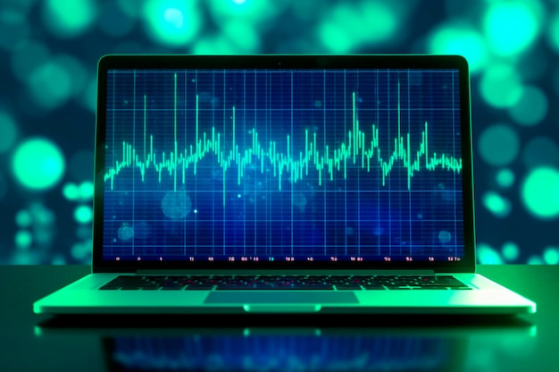 Tela do notebook com mercado de ações e gráfico financeiro e estatístico de negócios AI gerado