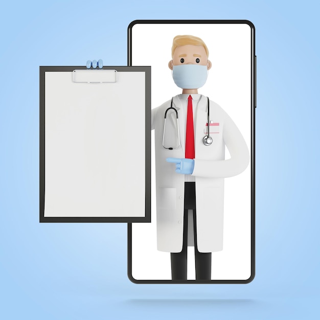 Foto tela do smartphone com médico masculino. conceito de seguro de saúde online. o médico detém o contrato. ilustração 3d em estilo cartoon.