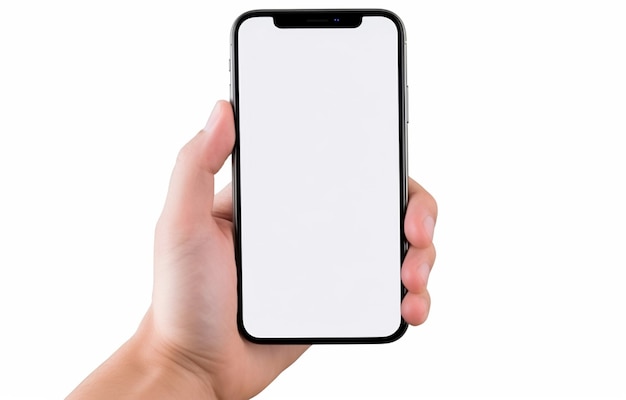 Tela em branco do iPhone na mão isolada em fundo branco