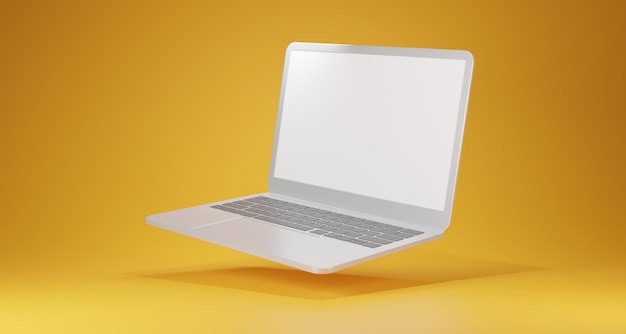 Tela em branco do laptop na ilustração de renderização 3d de fundo amarelo