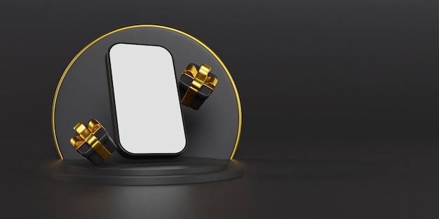 Tela em branco do telefone preto e dourado renderização 3d