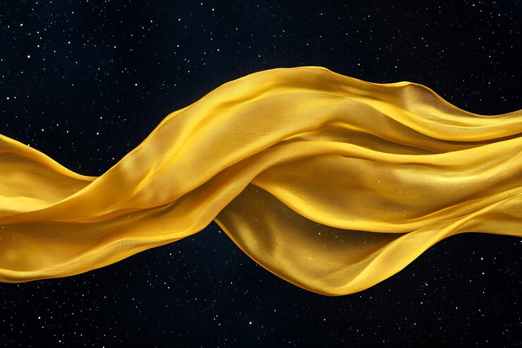 Una tela flotante de color amarillo brillante con ondulaciones suaves y pliegues translúcidos que ondean con gracia en el aire contra un fondo azul que transmite una sensación de ligereza y fluidez