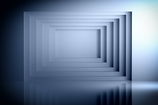 Tela geométrica azul escura do túnel com espaço vazio da cópia no centro. Geometria da parede sobre a superfície reflexiva brilhante.