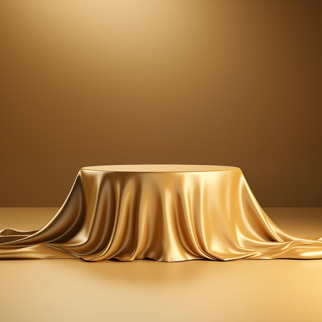Tela de lujo dorada colocada en el pedestal superior o estante de podio en blanco en la pared dorada con conceptos de lujo