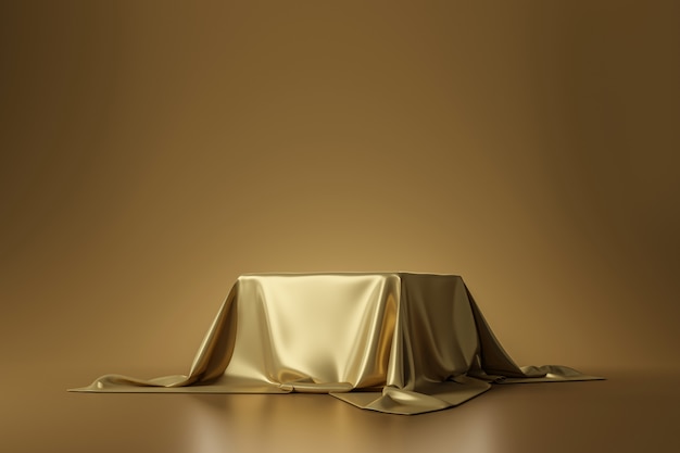 Tela luxuosa dourada colocada no pedestal superior ou na prateleira em branco do pódio na parede do ouro com conceito luxuoso. Renderização em 3D.