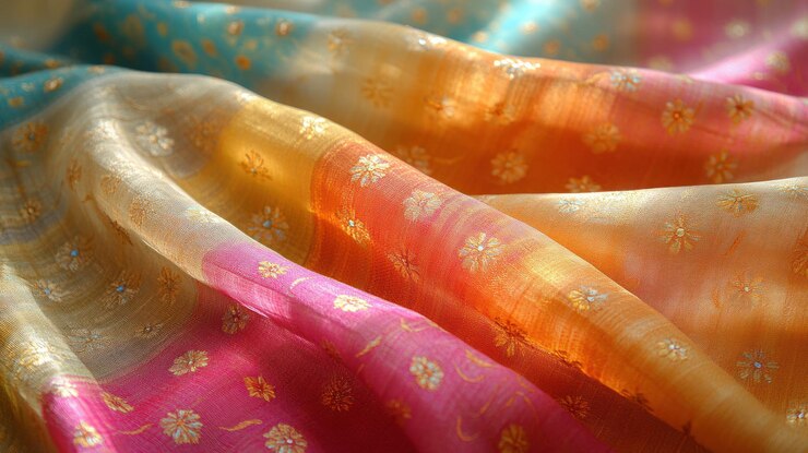 Una tela multicolor vibrante con un delicado patrón floral envuelta en pliegues