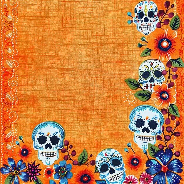 Tela naranja mexicana dia de muertos día de los muertos acuarela frontera