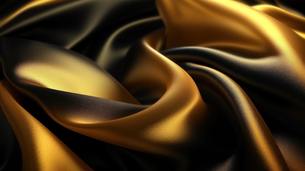 Tela de seda negra y dorada en fondo abstracto brillante ondulado IA generativa