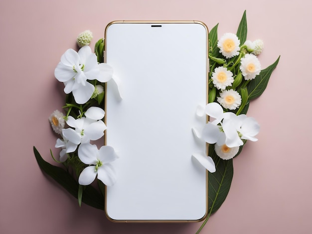 Tela simulada de smartphone em flores pastel rosa fundo de primavera feminino floral branco Mobup mob