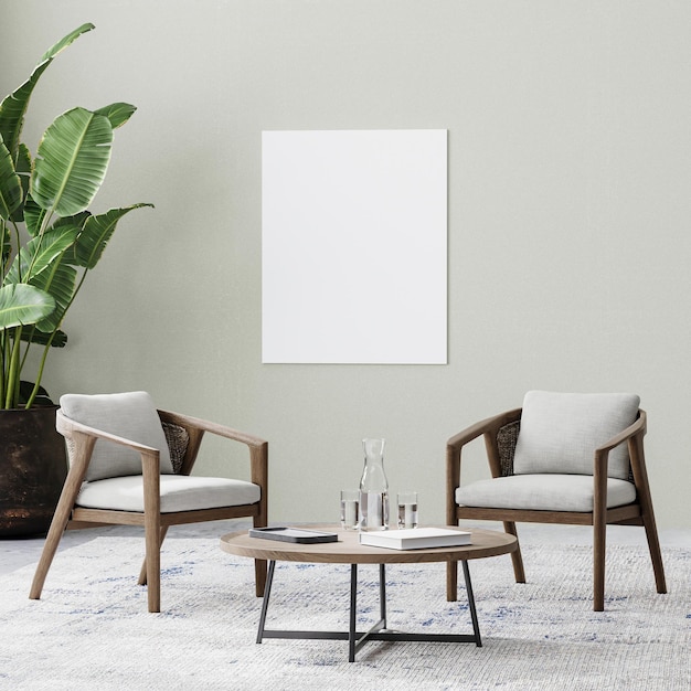 Foto tela simulada na sala com duas cadeiras e mesa de café no tapete, planta tropical em vaso, parede vazia, renderização em 3d