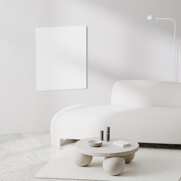 Foto tela simulada no interior da moderna sala de estar na cor branca com sofá branco e piso de mármore, renderização em 3d