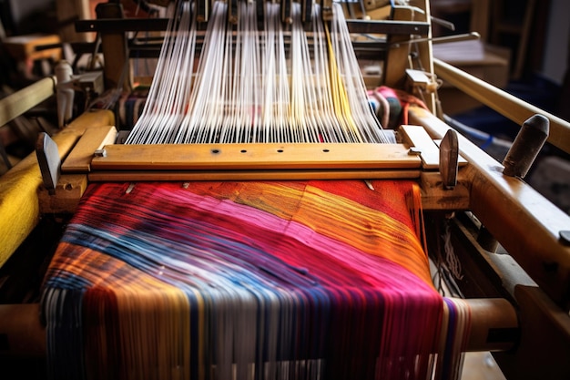 Telar rústico con hilos de colores en proceso de tejido tapiz