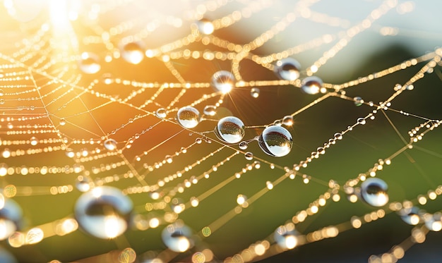 La telaraña adornada con gotas de agua