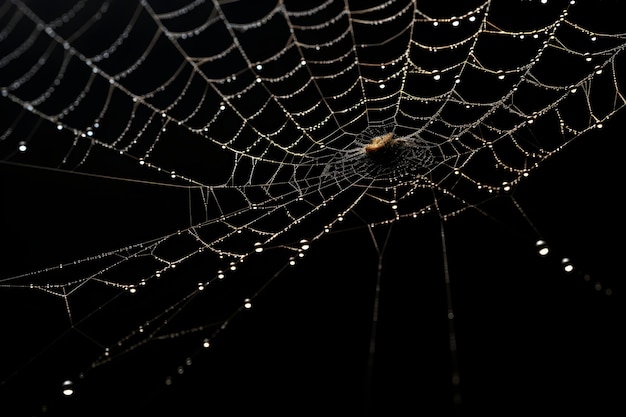 La telaraña aislada en telarañas de rocío de fondo negro