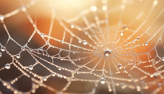 Foto una telaraña cubierta de rocío brillando en la luz de la mañana