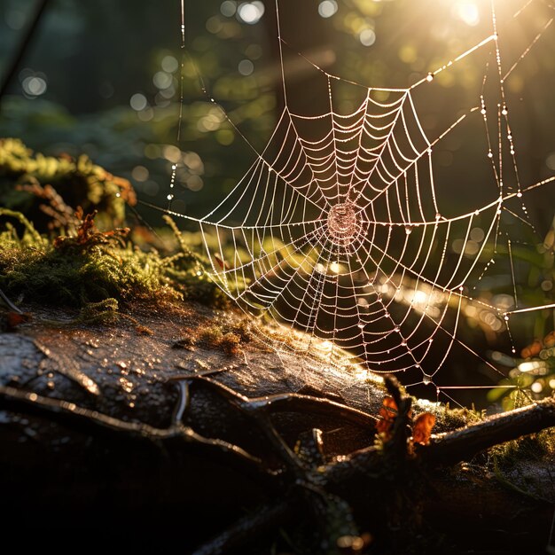 una telaraña está cubierta de rocío y musgo