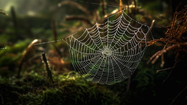 Una telaraña con un fondo verde y el sol brillando a través de ella.