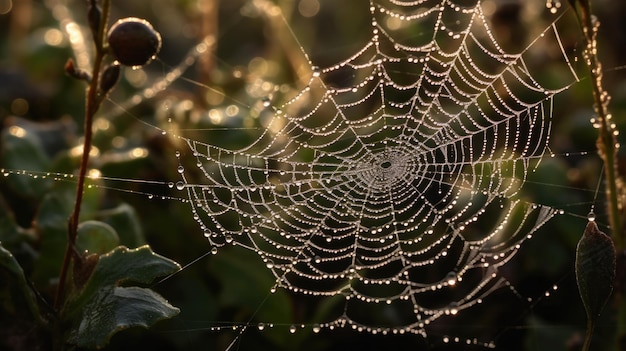 Una telaraña con gotas de agua sobre ella