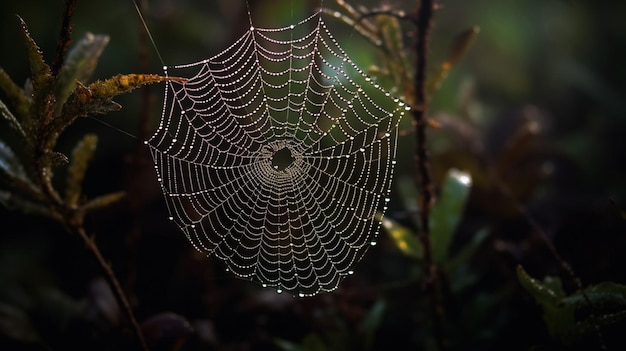 Una telaraña con gotas de agua sobre ella