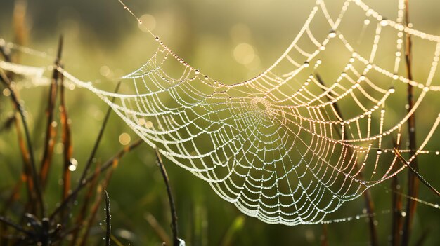 Telaraña o tela de araña con gotas de rocío de primer plano Red de telaraña de textura con efecto bokeh lluvia matutina