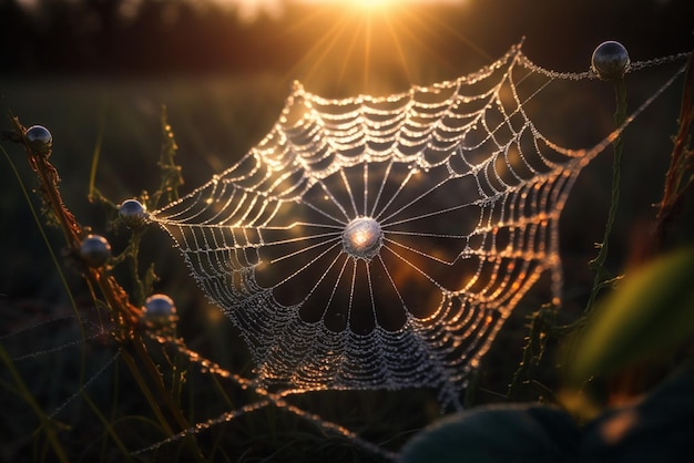 Telaraña reluciente con rocío matutino y rayos solares