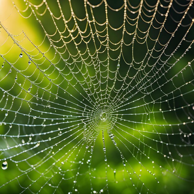 Las telas de araña en el fondo de las gotas de rocío