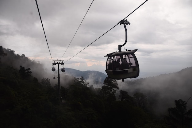 El teleférico aéreo contra el cielo