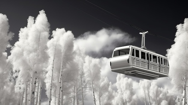 El teleférico infrarrojo en blanco y negro con álamos