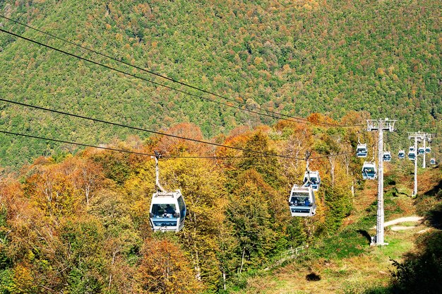 Teleférico en montañas con árboles otoñales