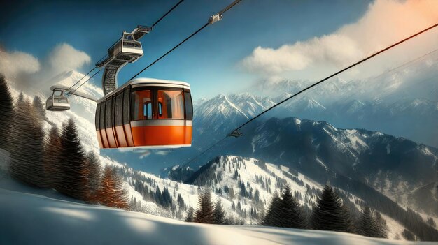 Foto el teleférico sube a la cordillera cubierta de nieve en fascinantes tonos azules y naranjas