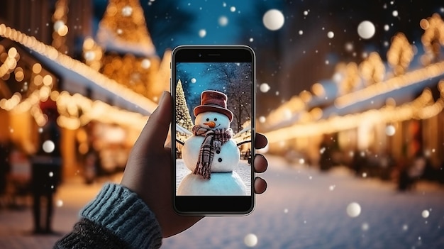 Telefon in der Hand eines Mannes, der ein Foto des festlichen bunten Weihnachtsbaums und des Schneemanns in der Winterstadt macht