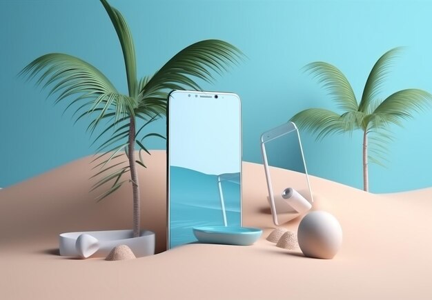 Telefon Meer kreativ bis Sand Sommerurlaub Palme Cyber-Mock-Konzept Generative KI