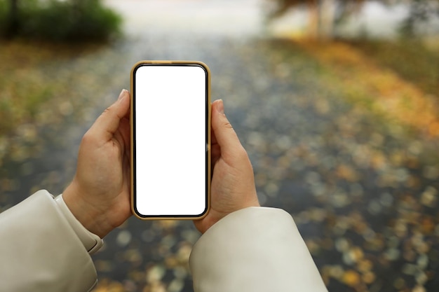 Telefon mit einem isolierten Bildschirm in den Händen auf der Straße im Herbstpark