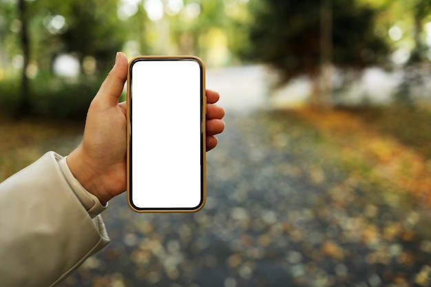 Telefon mit einem isolierten Bildschirm in der Hand auf der Straße im Herbstpark