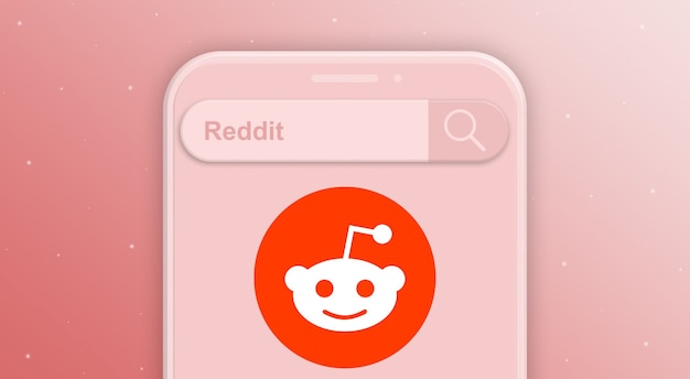 Telefon mit Suchleistenanforderung und Logo des sozialen Netzwerks reddit 3d