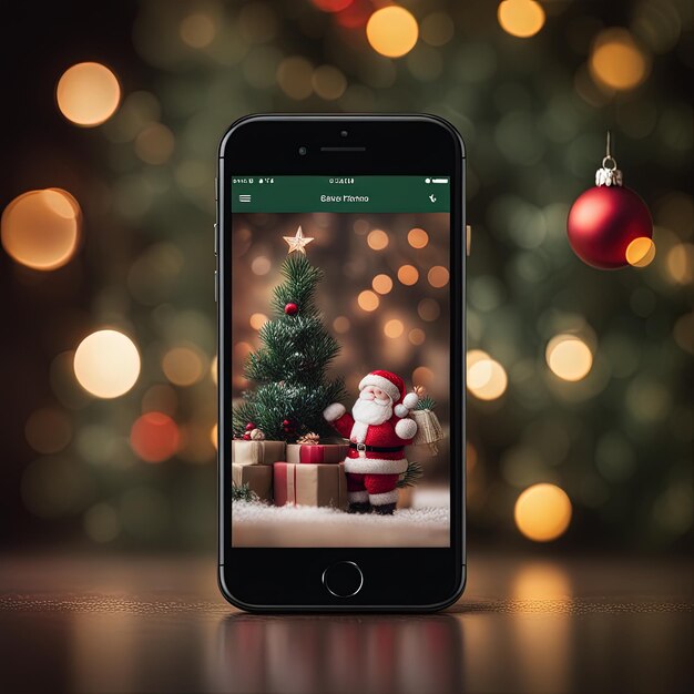 Foto telefon mit weihnachtsbaum und dekorationen mobiles hintergrundbild für weihnachten