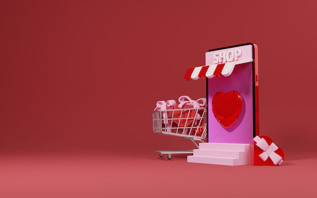 Telefon und Einkaufswagen voller Geschenk- und Liebesform Valentinstag verkaufen Design-Konzept - 3D-Rendering