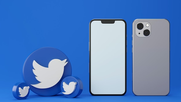 Telefon- und Twitter-Logos Mockup auf grünem Hintergrund 3D-Rendering