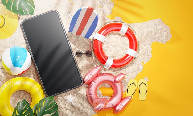 Telefon zwischen Sommer Strand Zubehör Gelber Hintergrund 3D-Rendering
