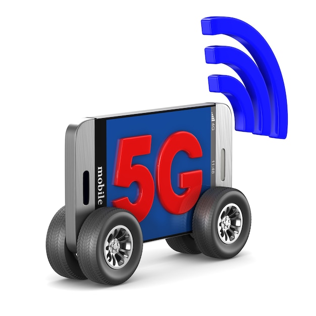 Telefone 5G no espaço em branco. Ilustração 3D isolada