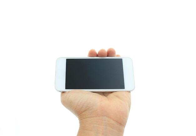 Telefone à disposição para trabalhar em um smartphone com tela em branco