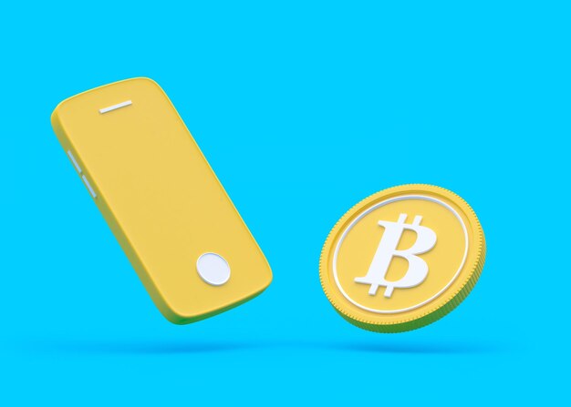 Telefone amarelo com Bitcoin ao lado