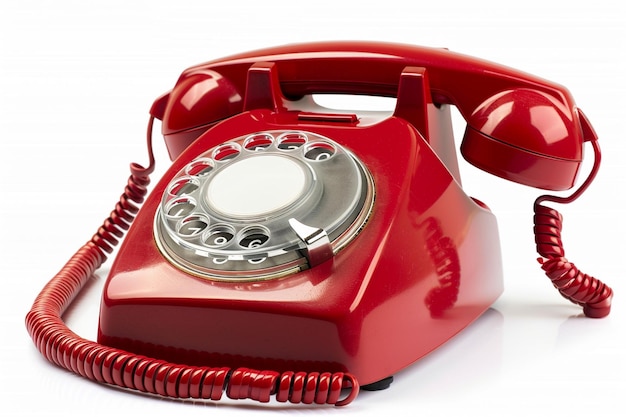 Telefone antigo em cor vermelha isolado em superfície branca