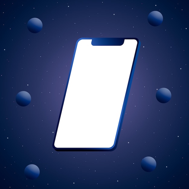 Telefone azul com tela em branco e bolas renderizadas em 3D