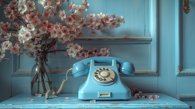 Telefone azul vintage contra fundo azul pastel conceito para uma ideia minimalista