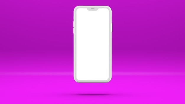 Telefone celular branco em uma parede violeta com uma tela em branco Ilustração tridimensional.