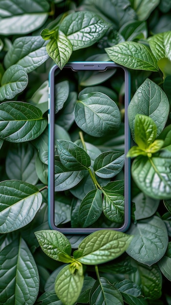 Telefone celular cercado de folhas verdes