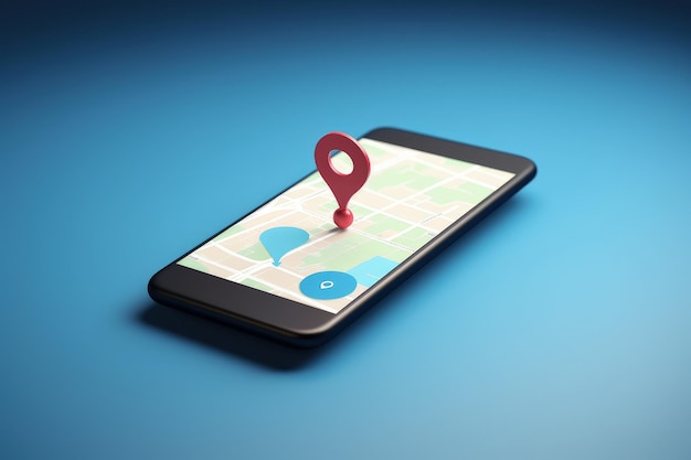 Foto telefone celular com ícone de localização ícone de gps na tela móvel fundo azul ai